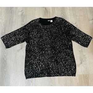 Women’s Twisted Angels Sweater Size L Black And Gold Party Short Sleeve EUC